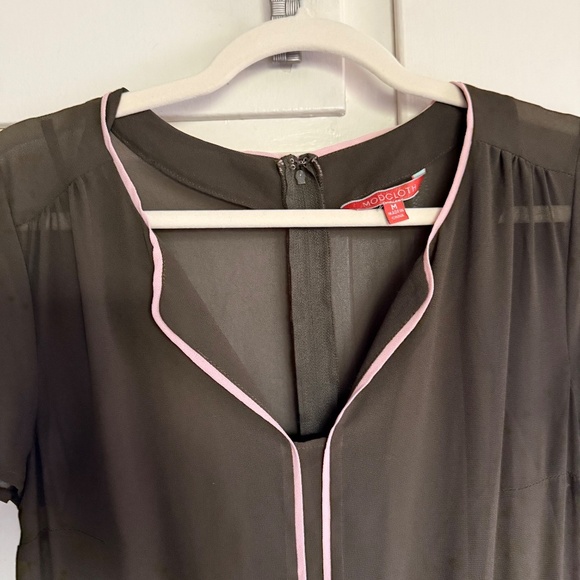 Modcloth Chiffon Olive Green Pink Short Sleeve Jumpsuit Size Medium - Picture 3 of 15